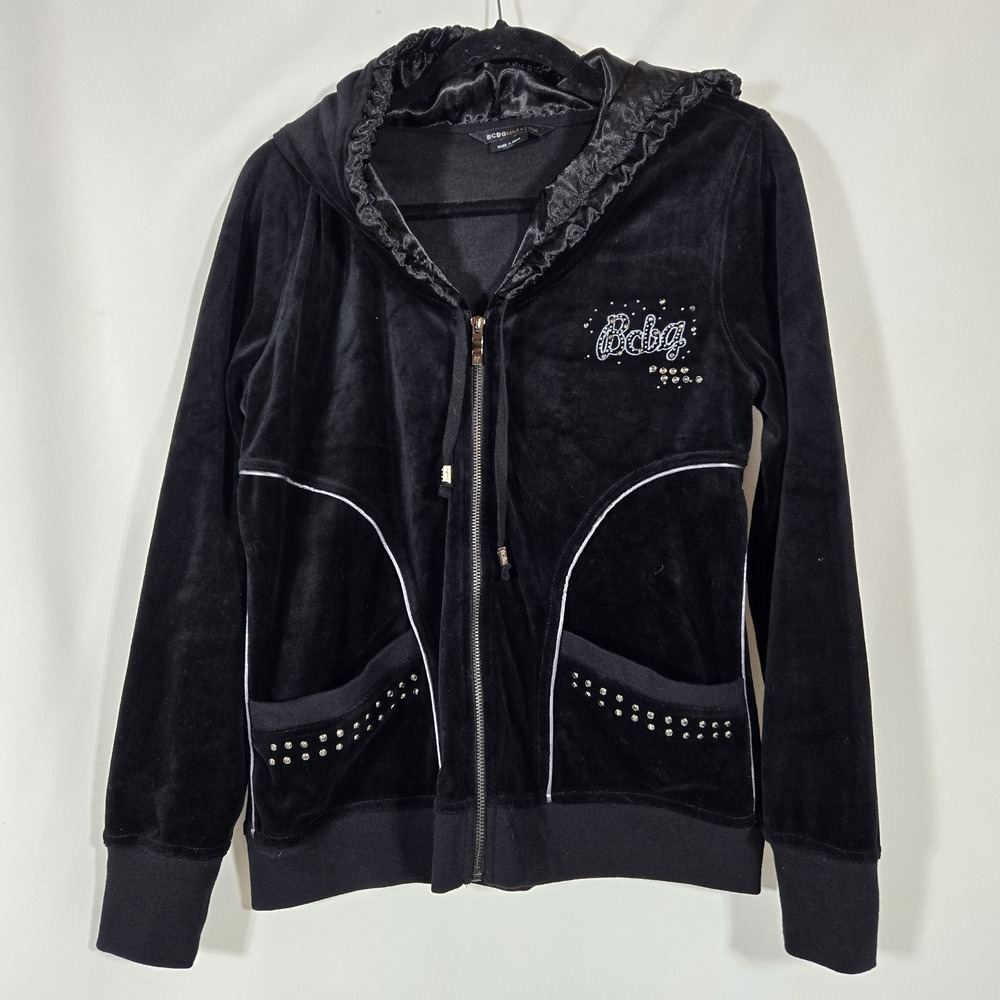 Vintage Y2K BCBG Women's "Baby" Velvet Hoodie Size Large Cotton Blend with Bling